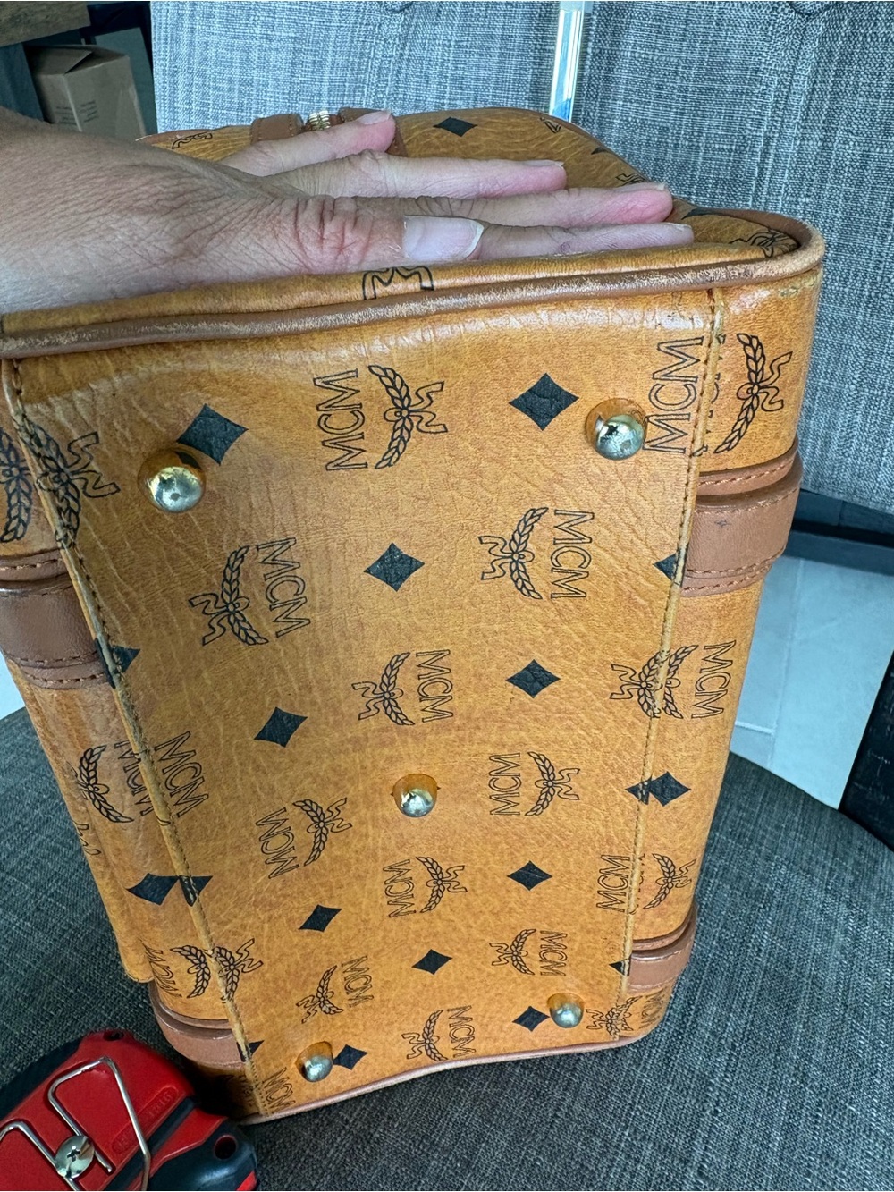 MCM Brown Visetos Logo Satchel with Gold Hardware - Picture 5 of 12